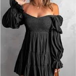 Dokotoo NWT Womens Smocked Black Dress Small Ruffle Off Shoulder Milkmaid